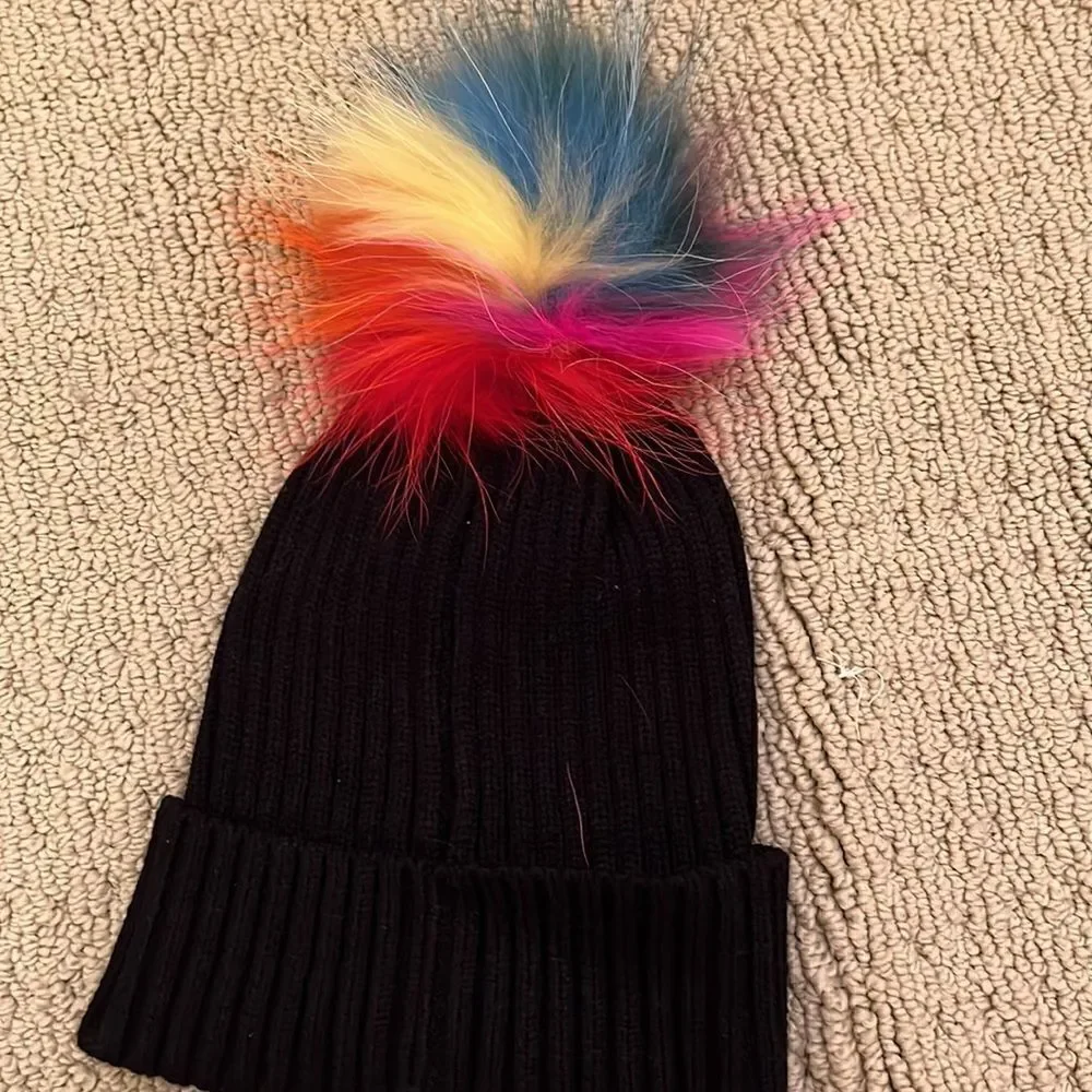 Rainbow Fur Pom Pom Hat